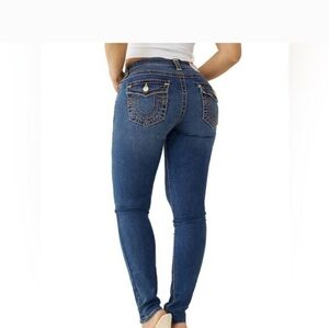 TRUE RELIGION Women's Stella Skinny Dark Wash Yellow Stitching Jeans Sz 26
